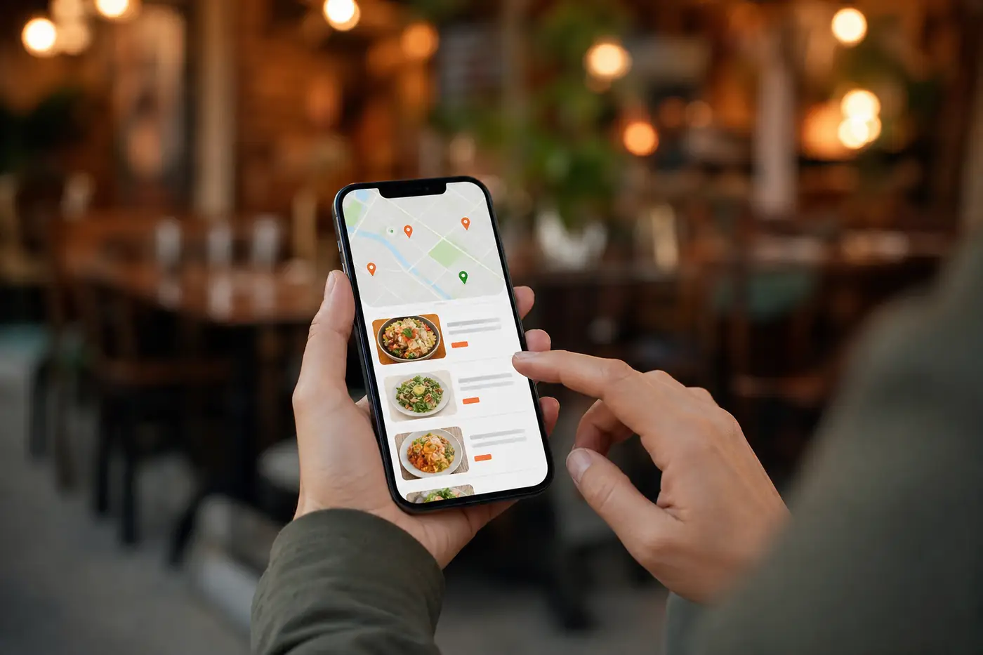 Hands holding a phone with a food delivery app, restaurant interior blurred behind