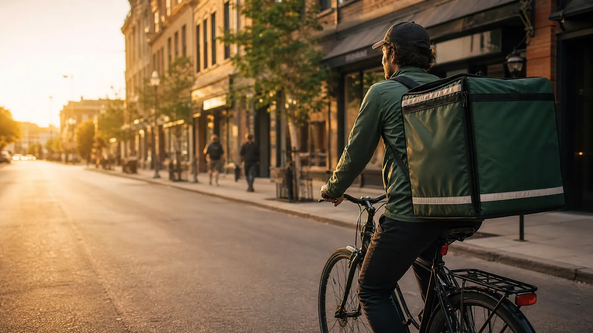 Food delivery courier on a bicycle in a city street at golden hour
